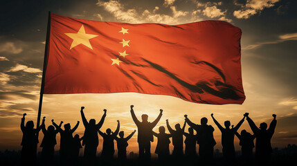 Chinese flag waving with silhouette of people with fists up