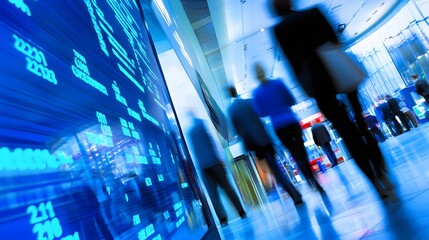 Poster - Blurred silhouettes of people walking past a large digital display in a busy office building.