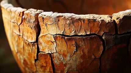 Close-up of a cracked, weathered, terracotta pot. The surface shows signs of age and use, with a deep brown color and a network of cracks.