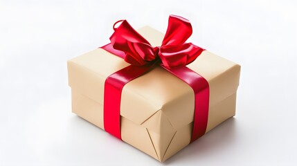 A  gift box wrapped in brown paper and tied with a red ribbon.