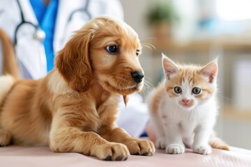 A woman in a blue coat is holding a kitten and a dog, generative ai image