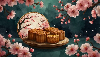 Sticker - Mooncake display surrounded by cherry blossoms in watercolor style.