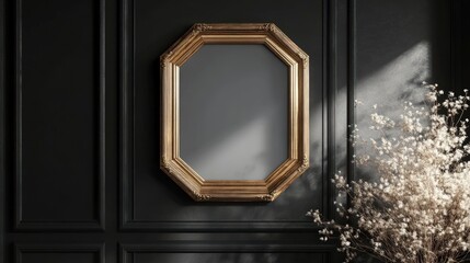 Gold-framed mirror mockup on dark wood panel wall with white floral branches.