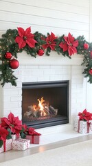 Wall Mural - A white brick fireplace adorned with Christmas garlands and presents creates a cozy atmosphere in a modern farmhouse styled room filled with natural light