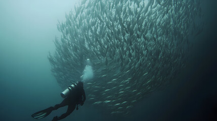 Shoal of Fish Scattering as a Diver Approaches | Dynamic Marine Life Interaction in Clear Waters