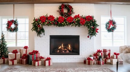 Wall Mural - A white brick fireplace adorned with Christmas garlands and presents creates a cozy atmosphere in a modern farmhouse styled room filled with natural light