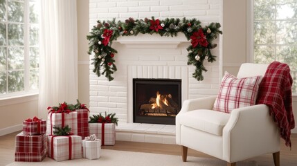 Wall Mural - A white brick fireplace adorned with Christmas garlands and presents creates a cozy atmosphere in a modern farmhouse styled room filled with natural light