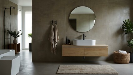 Poster - Neutral minimalist bathroom with modern fixtures and a large mirror.