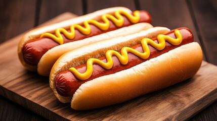 Two juicy hot dogs resting on a wooden table, garnished with golden mustard and vibrant ketchup, inviting any food lover to indulge during a casual meal