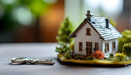 Sticker - Charming tiny house model alongside silver keys, representing the dream of owning a small home in the real estate market