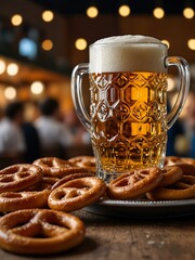 Wall Mural - Oktoberfest celebration with German beer and pretzels in Munich during October.