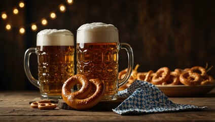 Wall Mural - Oktoberfest celebration with traditional German beer and pretzels.