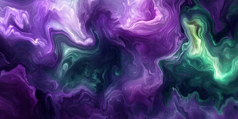 Poster - An ethereal blend showcasing rich hues of purple and green in a captivating fluid abstract design form