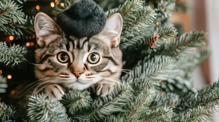 Wall Mural - An adorable cat sits atop a Christmas tree, gazing at the camera with wide eyes and upright ears, captivated by the twinkling lights and festive greenery