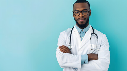 Portrait of a confident young medical doctor on a blue background