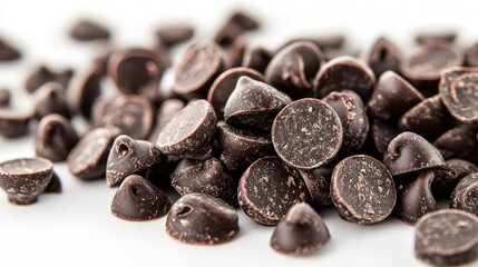 Close-up of dark chocolate chips on a white background.