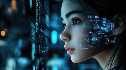 Poster - A young woman's face is overlaid with a futuristic digital interface, creating a cyberpunk aesthetic.