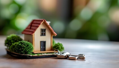 Sticker - Charming tiny house model alongside silver keys, representing the dream of owning a small home in the real estate market