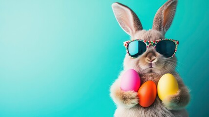 Cool bunny rabbit wearing sunglasses holding three colorful Easter eggs in front of a blue background.