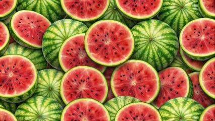 Fresh watermelons, vibrant colors, sliced, on a rich green background for summer concept