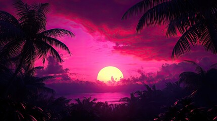 Wall Mural - a stunning sunset paints the sky in vibrant pink hues, silhouetting palm trees in a tranquil tropica