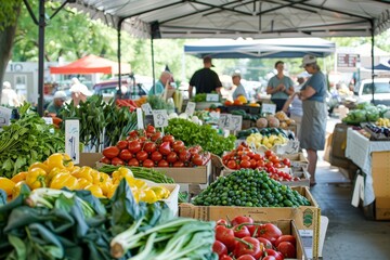 A bustling farmers' market with fresh produce and artisanal goods.