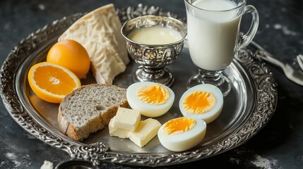 silver tray with soft-boiled eggs and orange slice