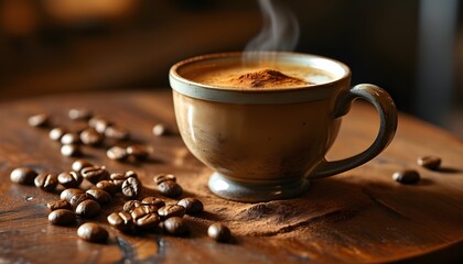 Warm cinnamon coffee delight on a rustic brown table with vibrant coffee beans, capturing the cozy essence of a charming coffee shop ambiance