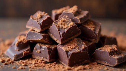 Dark chocolate chunks with cocoa powder dusting stacked closeup