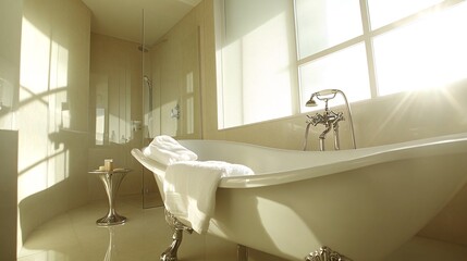 A white clawfoot bathtub in a modern bathroom with a large window and sunlight streaming in.