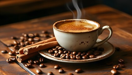 Wall Mural - Inviting scene of coffee cup and cinnamon on a brown table with scattered coffee beans in a cozy coffee shop ambiance