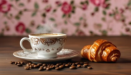 Wall Mural - Cozy coffee shop scene with a cup of tea, croissant, and coffee on a brown table surrounded by coffee beans against a pink wallpaper backdrop