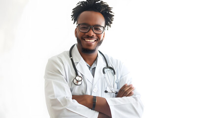 Portrait of a smiling doctor standing against a white background