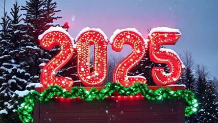 Poster - Neon 2025 sign with garlands on the snow hill to celebrate New Year