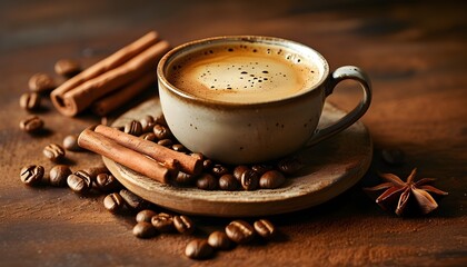 Wall Mural - Inviting scene of coffee cup and cinnamon on a brown table with scattered coffee beans in a cozy coffee shop ambiance