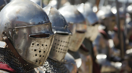 
a row of individuals dressed in medieval armor, featuring helmets with visors, chainmail, and breastplates. The focus is on the first figure