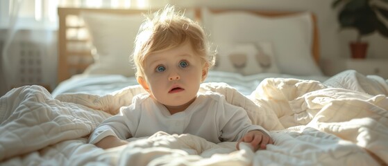 Wall Mural - A curious baby boy lying in a cozy, sunlit bedroom, surrounded by soft blankets. Free copy space for text.