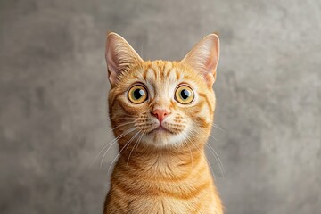 Ginger cat with big surprised eyes on grey background