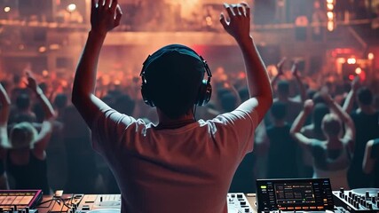 Poster - This DJ engages the audience with lively music during a crowded nighttime event.