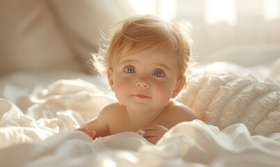 Wall Mural - Adorable baby girl lying on a white bed, bathed in soft morning sunlight, looking curious. Free copy space for text.