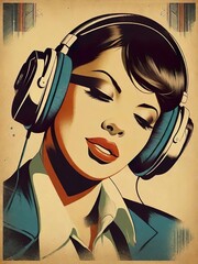 Retro portrait of a stylish woman with headphones, perfect for music lovers and vintage enthusiasts. Adds a vibrant, nostalgic touch to any space, blending art with pop culture.