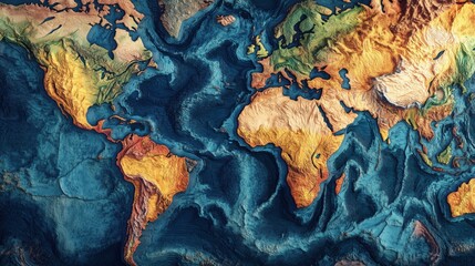 Poster - A colorful map of the world with mountains and oceans. The colors are vibrant and the map is very detailed