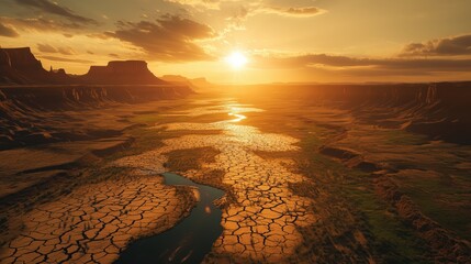 A desert landscape with a river running through it. The sun is setting, casting a warm glow over the scene. The sky is filled with clouds, creating a sense of depth and atmosphere