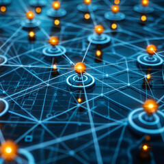 Poster - A complex digital network displays multiple glowing nodes interconnected by intricate blue lines, highlighting the technological advancements in connectivity and data exchange.