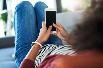 Poster - Woman, home and texting with smartphone screen on website for online dating. Female person, couch and mockup space in living room on social media for networking, communication and interaction