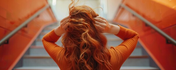 Wall Mural - Rear view of a redhead woman adjusting her hair as she ascends brightly colored stairs.