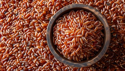 Nutritious red rice close-up against textured background, showcasing dietary benefits in a top view perspective