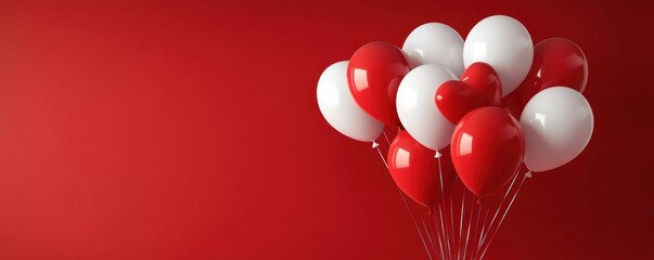 Red and white balloons on a red background.