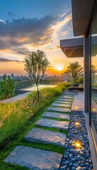 Urban oasis  rooftop garden overlooking city skyline, ideal for text placement on the right