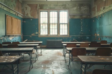 Poster - Classroom with no students, green walls, and blackboard, The emptiness of a quiet classroom with no students in sight